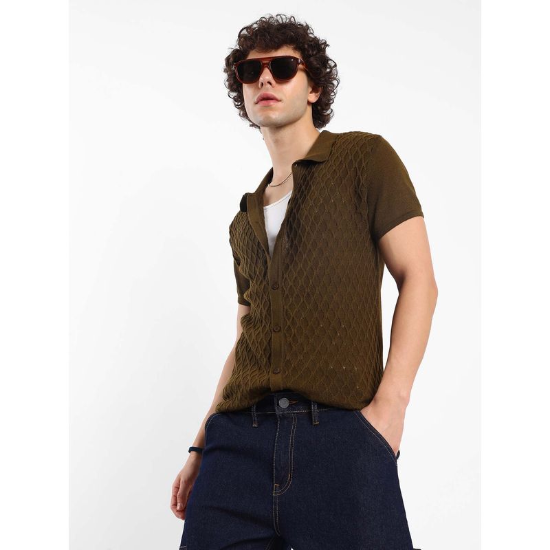 Campus Sutra Mens Mocha Brown Harlequin-Self Design Knit Shirt (XL)