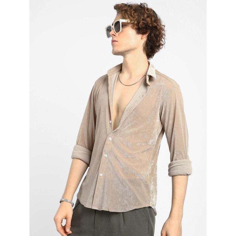 Campus Sutra Mens Sand Beige Solid Velvet Shirt (L)