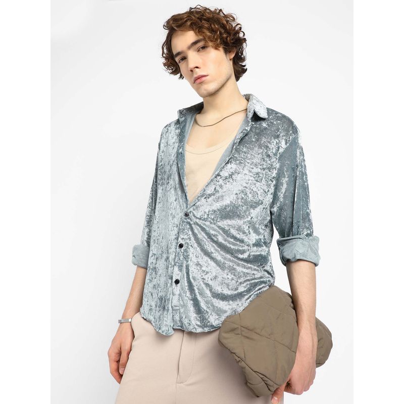 Campus Sutra Mens Sage Green Solid Velvet Shirt (S)