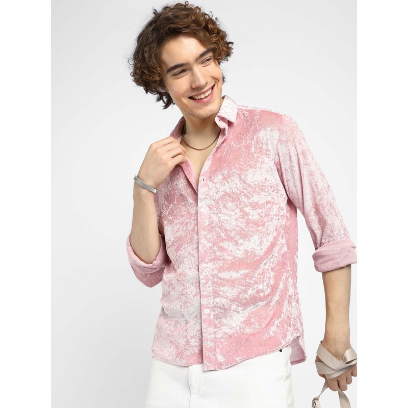 Campus Sutra Mens Blush Pink Solid Velvet Shirt (M)