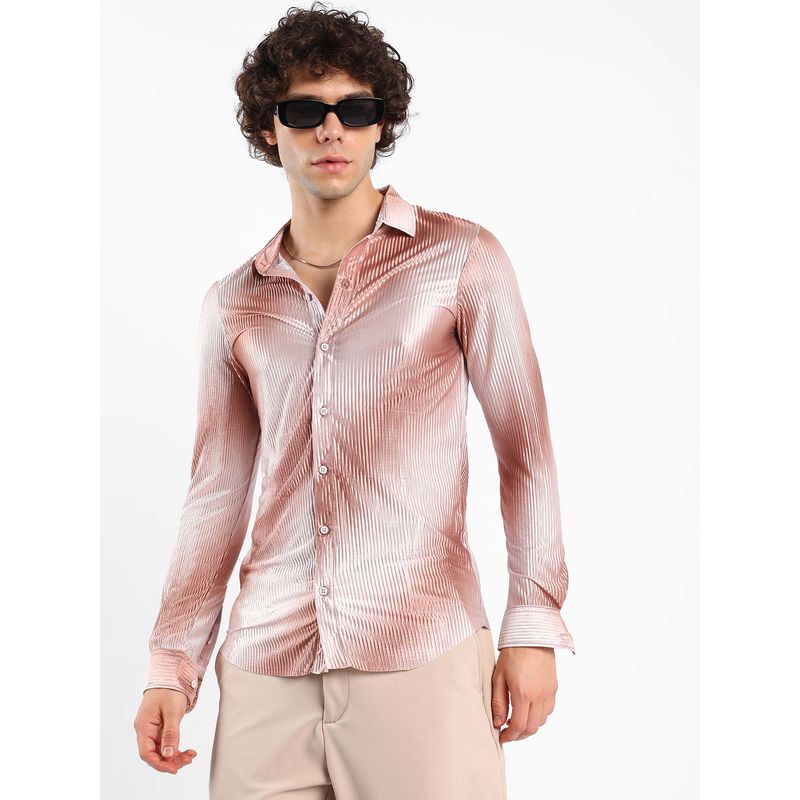 Campus Sutra Mens Mocha Brown Ombre-Pleated Shirt (S)