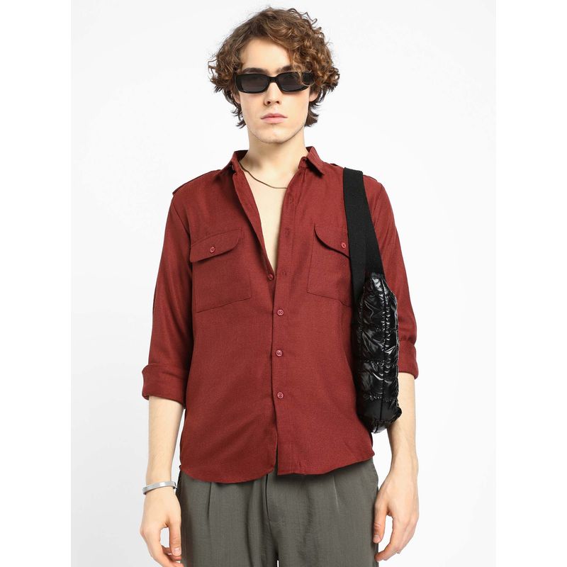 Campus Sutra Mens Terracotta Red Relaxed Utility Shirt (S)