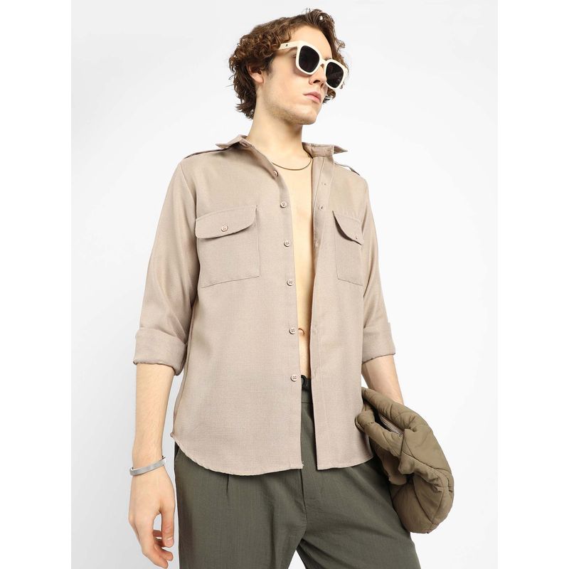Campus Sutra Mens Ecru Beige Solid Relaxed Shirt (S)