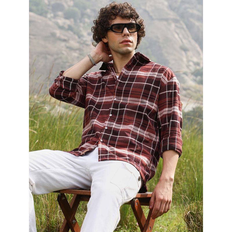 Campus Sutra Mens Chocolate Maroon Tartan Plaid Shirt (M)