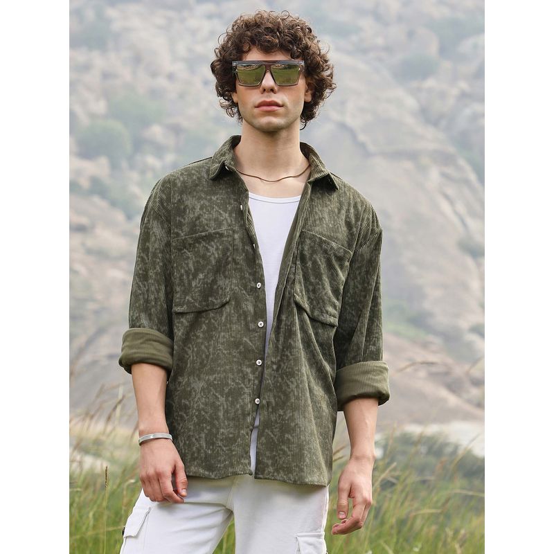 Campus Sutra Mens Juniper Green Faded Corduroy Regular Shirt (L)