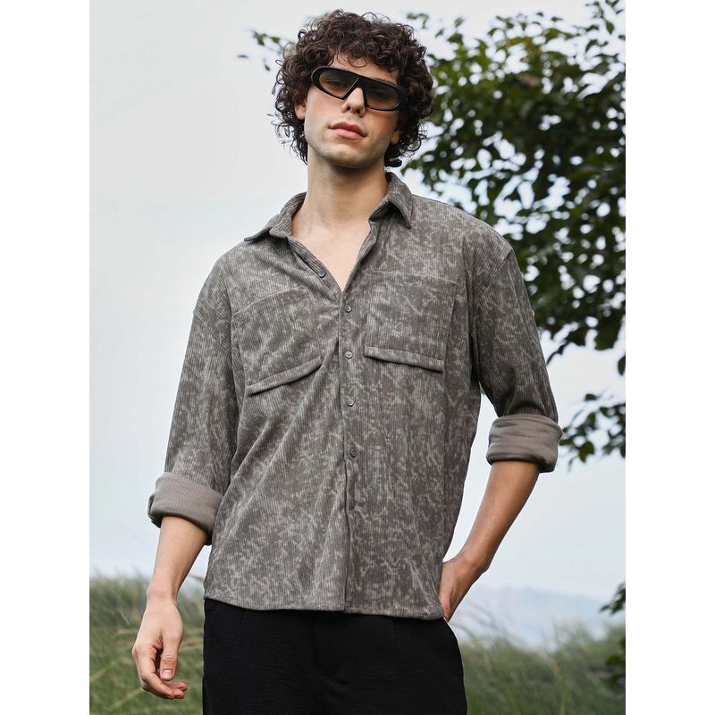 Campus Sutra Mens Ash Grey Faded Corduroy Regular Shirt (L)