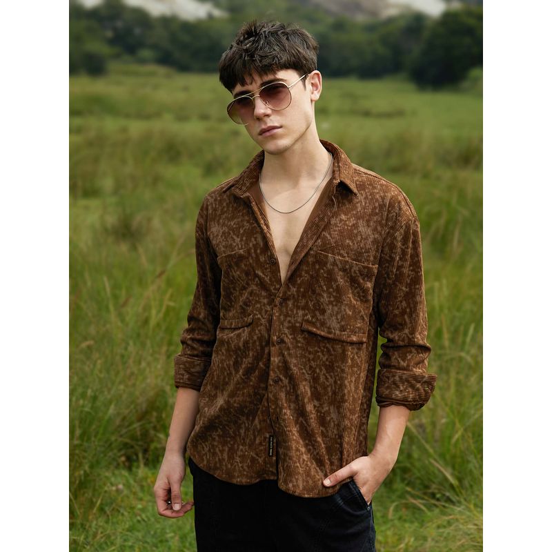 Campus Sutra Mens Chocolate Rust Faded Corduroy Regular Shirt (L)
