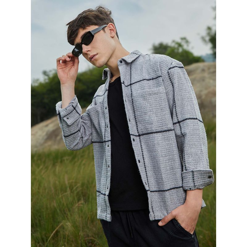 Campus Sutra Mens Moon Grey Graph-Check Waffle Shirt (L)