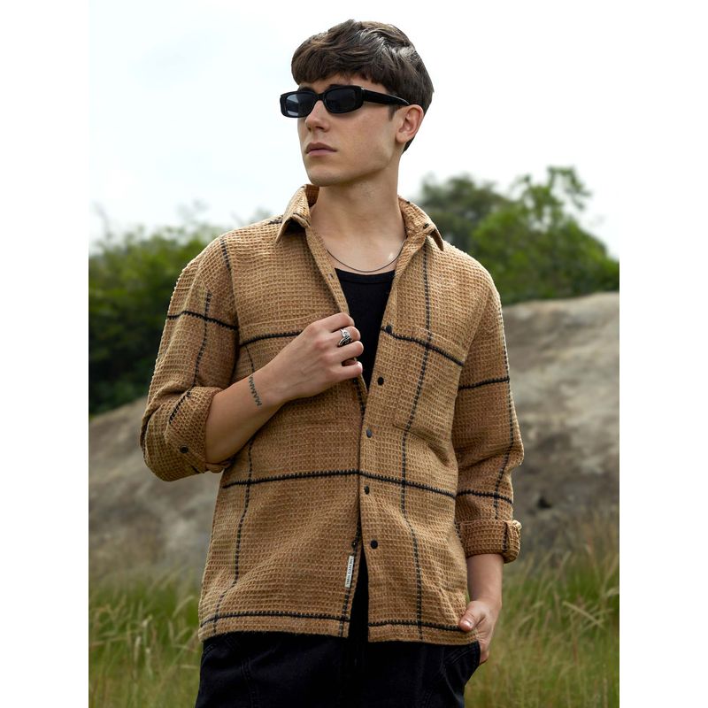 Campus Sutra Mens Ash Brown Graph-Check Waffle Shirt (XL)