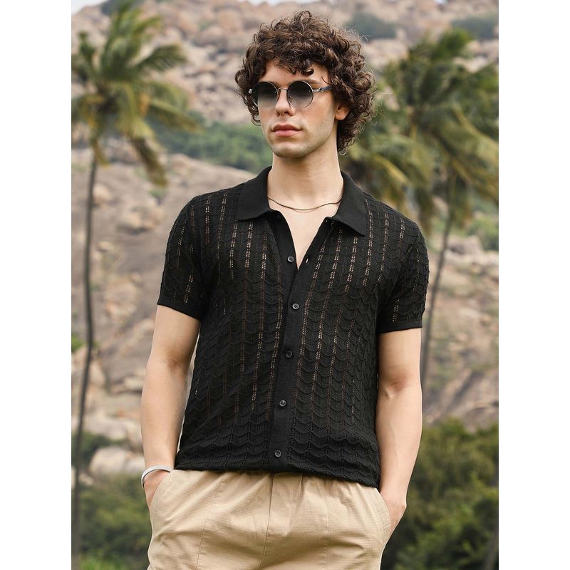 Campus Sutra Mens Onyx Black Spear Knit Slim Fit Shirt (L)