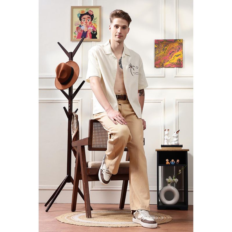 Eszett Beach Textured Fabric Embroidery Cream Shirt (M)