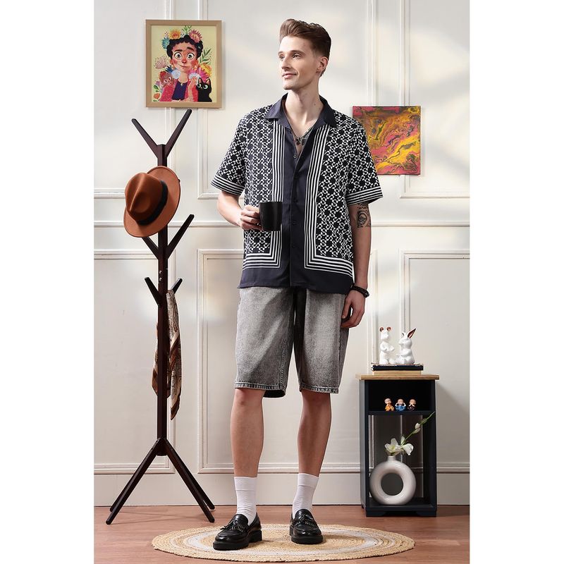 Eszett Square Print Cotton Cuban Black Shirt (S)