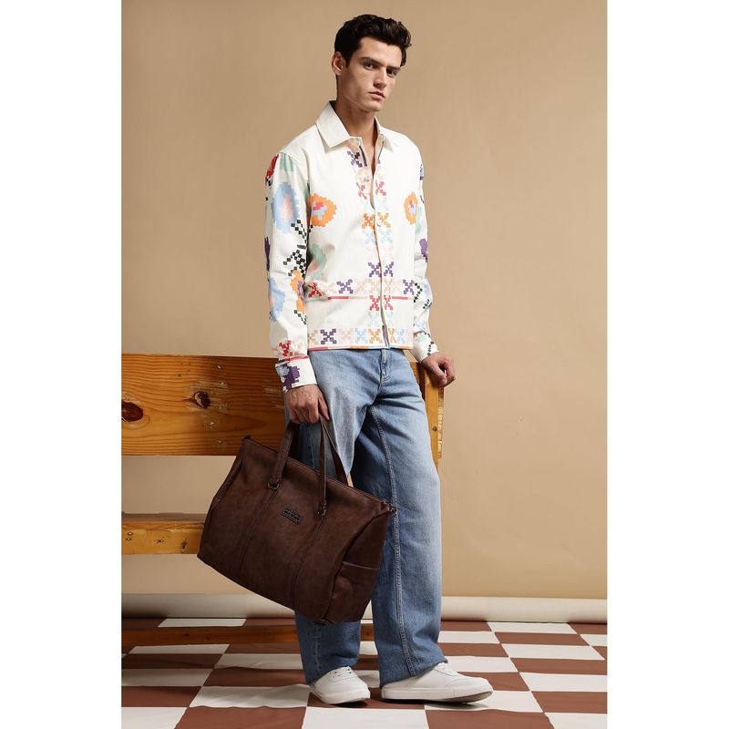 Eszett Men Cream Printed Full Sleeves Casual Shirt (L)