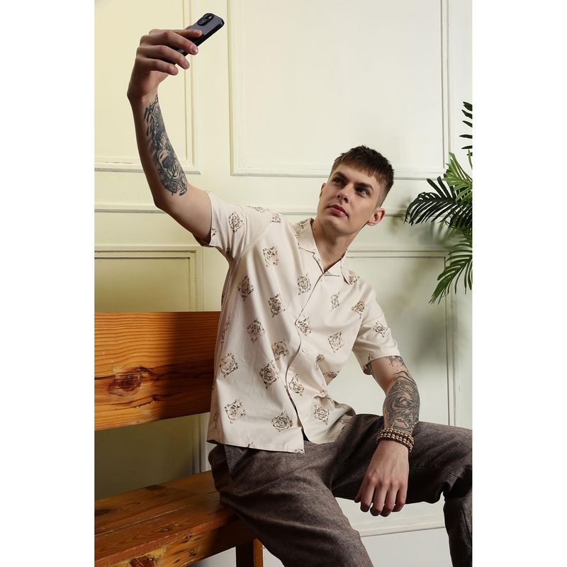 Eszett Men Cream Floral Half Sleeves Casual Shirt (S)