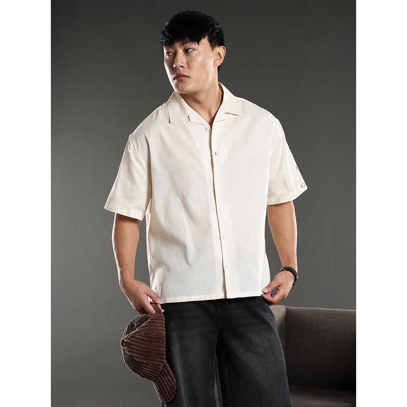 Eszett Men Beige Solid Half Sleeves Casual Shirt (S)