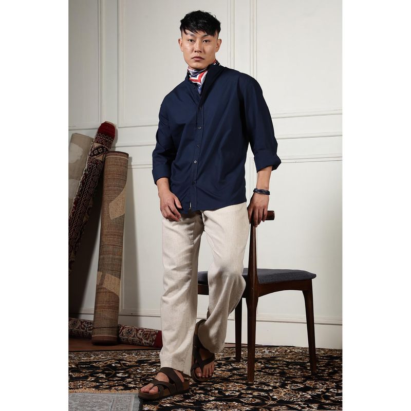 Eszett Men Navy Blue Cotton Solid Casual Shirt (L)