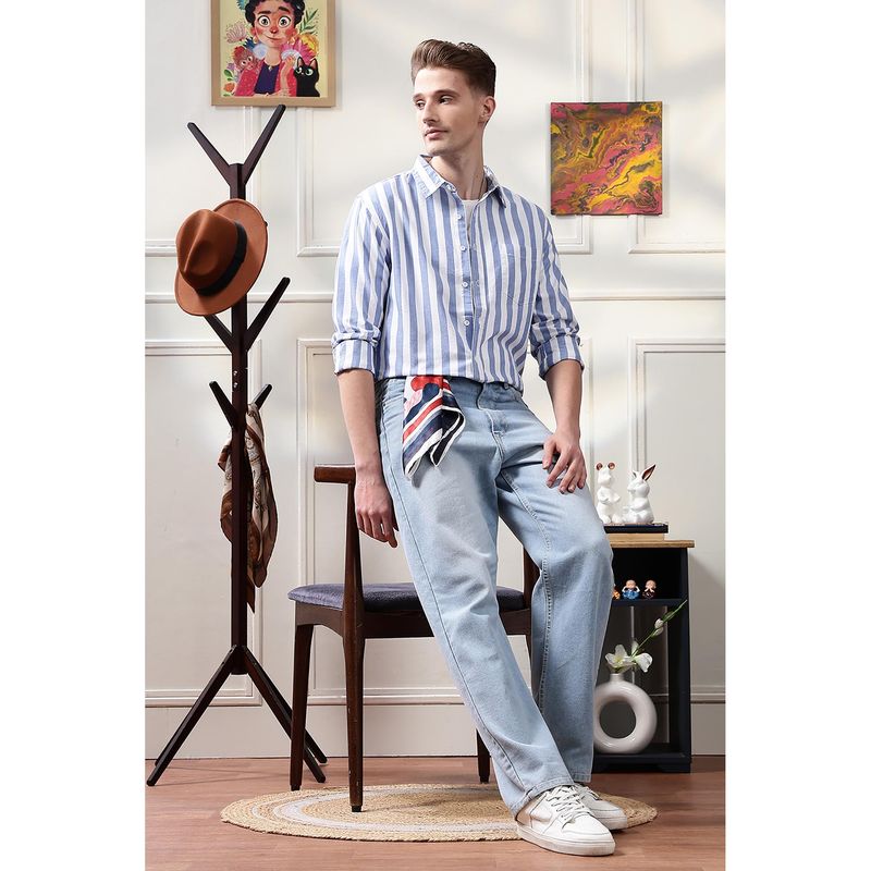 Eszett Men Blue Cotton Stripes Casual Shirt (L)