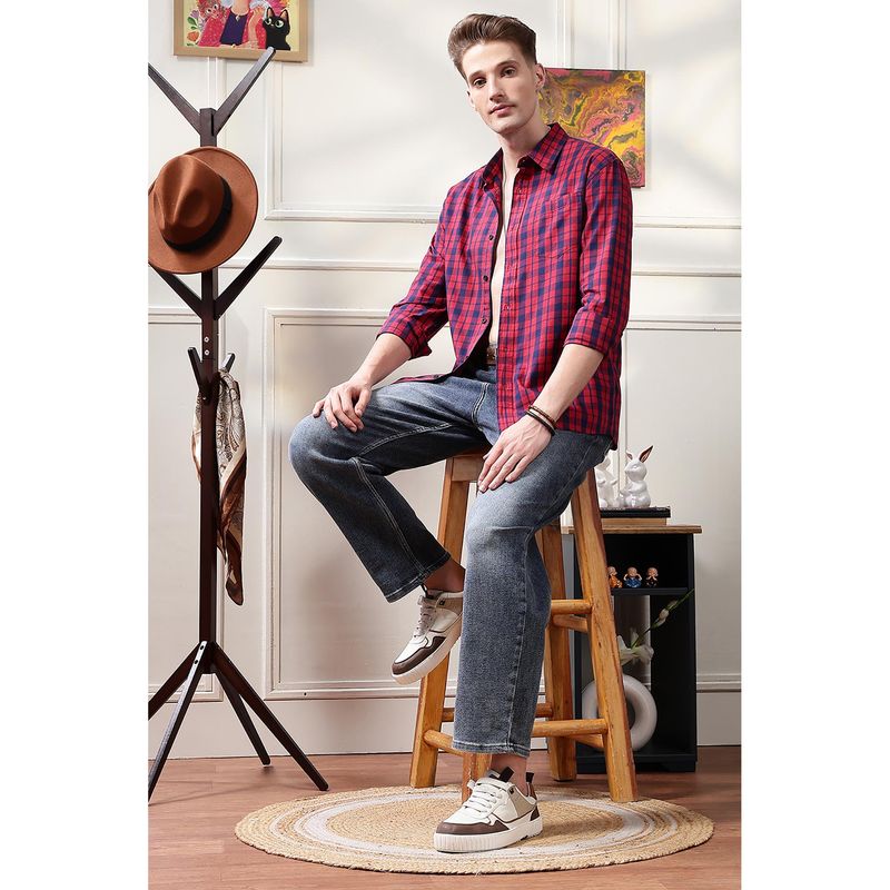 Eszett Men Red Cotton Checks Casual Shirt (M)