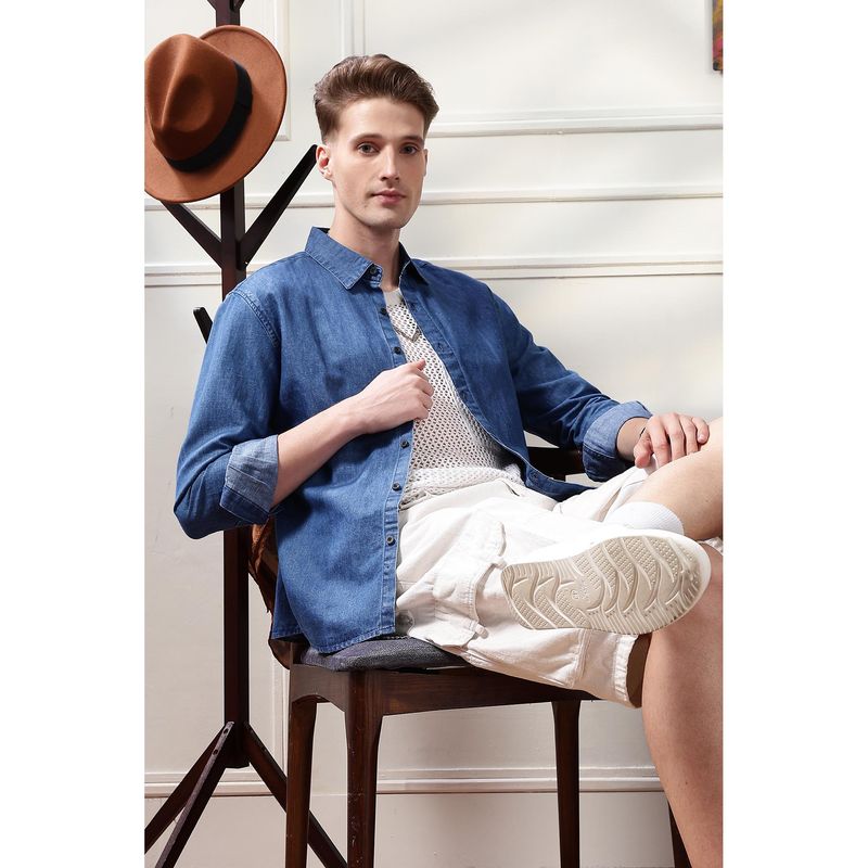 Eszett Men Blue Plain Full Sleeves Casual Shirt (S)