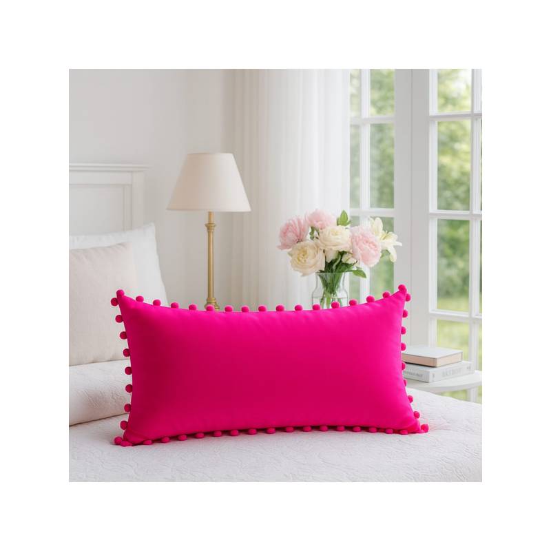 THROW PILLOW Fuchsia Pom-Pom Trim Cushion Cover (12x18 inches)