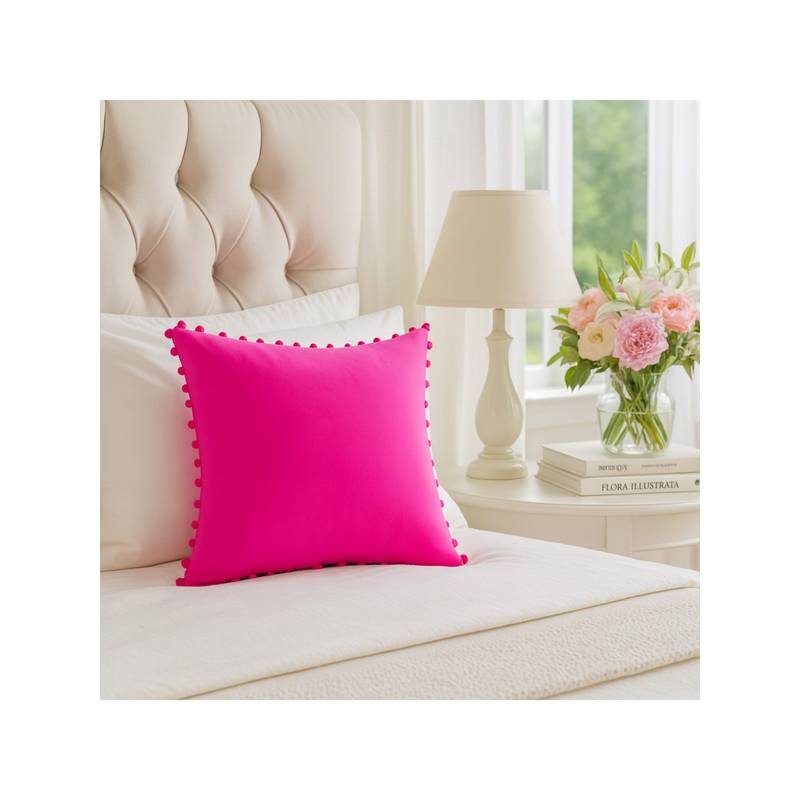 THROW PILLOW Fuchsia Pom-Pom Trim Cushion Cover (12x12 inches)