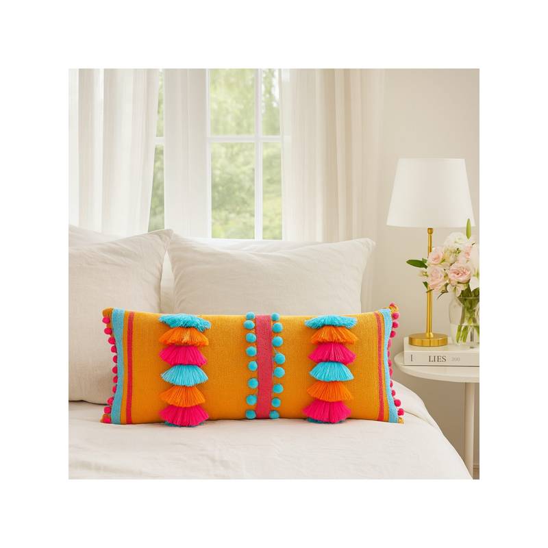 THROW PILLOW Boho Tassels & Pom-Pom Cushion Cover (12x18 inches)