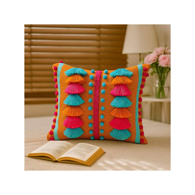 THROW PILLOW Boho Tassels & Pom-Pom Cushion Cover (12x12 inches)