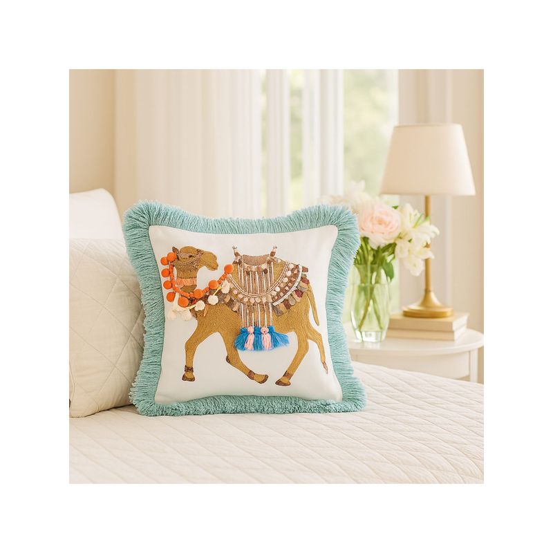 THROW PILLOW Safari Mint Green Fringe Camel Cushion Cover (12x12 inches)