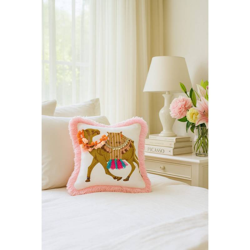 THROW PILLOW Safari Blush Fringe Camel Cushion Cover (12x12 inches)