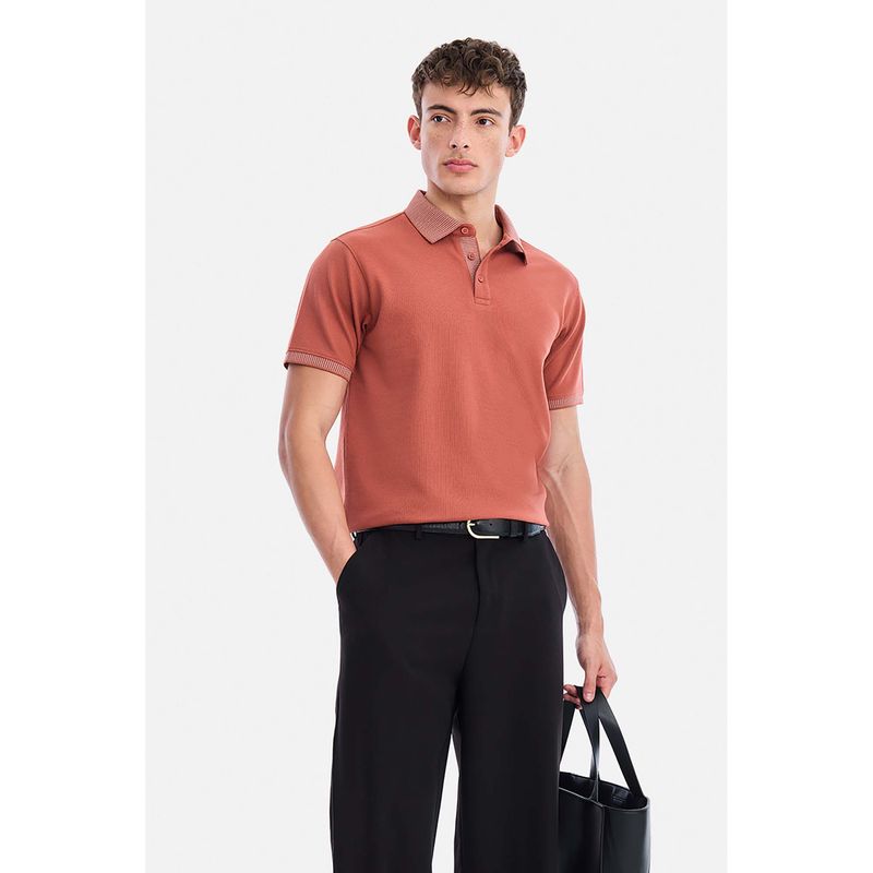 Snitch Rust Textured Half Sleeves Regular T-Shirt for Men (L)
