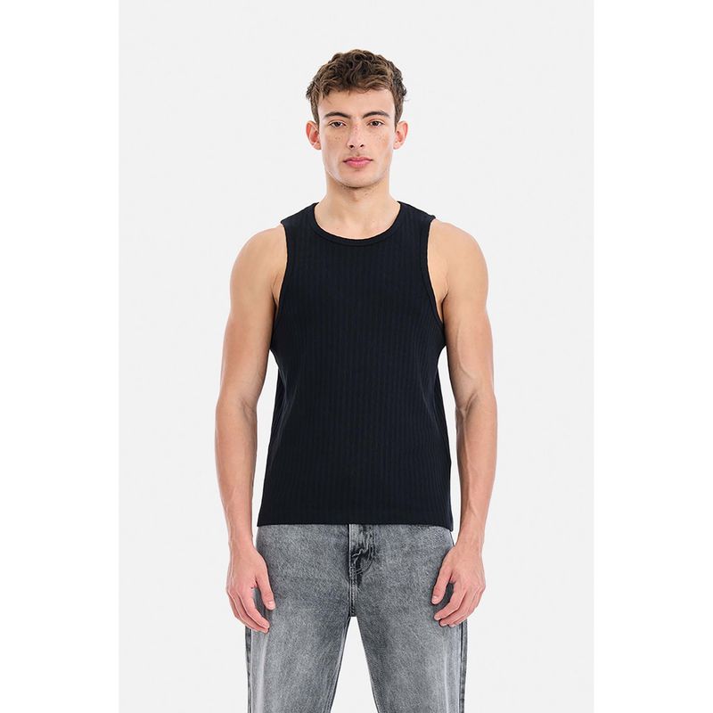 Snitch Black Ribbed Sleeveless Slim T-Shirt for Men (XS)