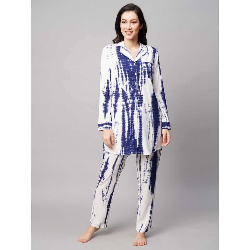 Drape In Vogue Womens Navy Blue Tie And Dye Print Night Suit (M)