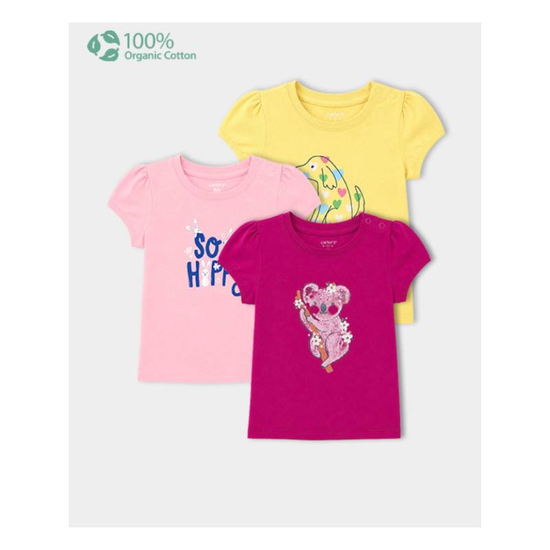Carter's Baby Girl Organic Cotton Crew Neck T-Shirts (Pack of 3) (0-3 Months)