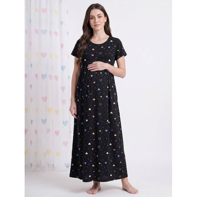 Secret Wish Black Heart Print Hosiery Maternity Nighty (M)
