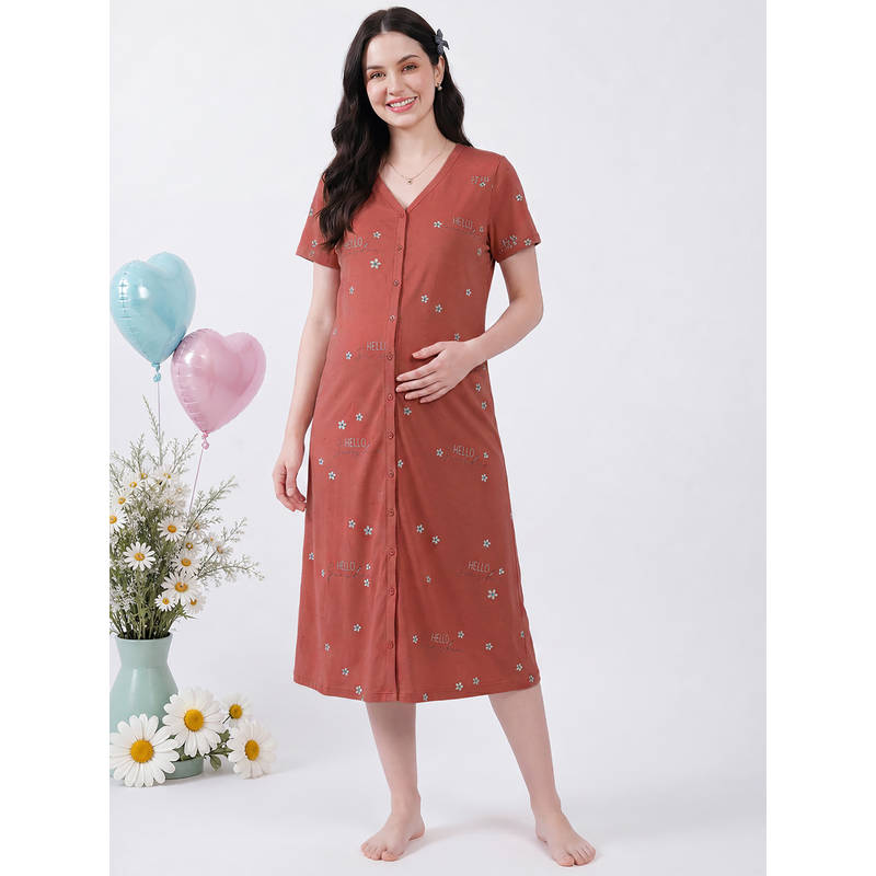 Secret Wish Rust Printed Hosiery Zipless Maternity Nighty (M)