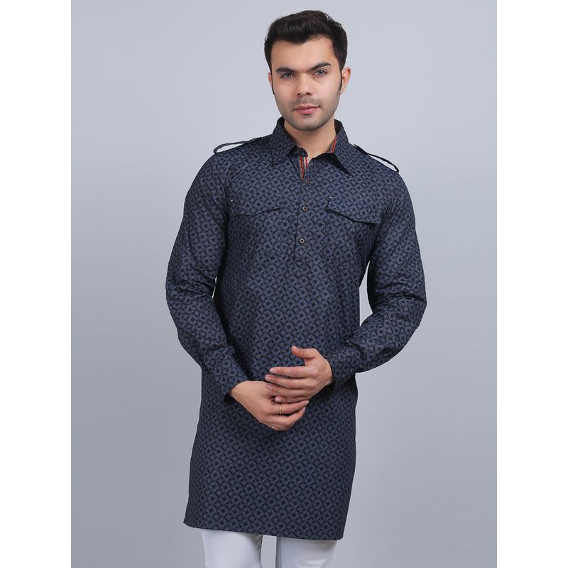 Spring Soul Black Cotton Pathani Full-Sleeves Shirt Collar Kurta In Comfort Fit (S)