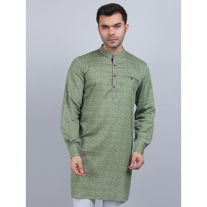 Spring Soul Olive Green Full-Sleeves Band Collar Kurta In Comfort Fit (S)