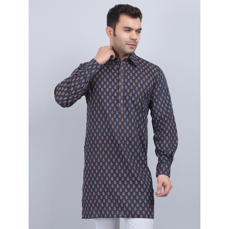 Spring Soul Navy Blue Shirt Collar Kurta In Comfort Fit (S)