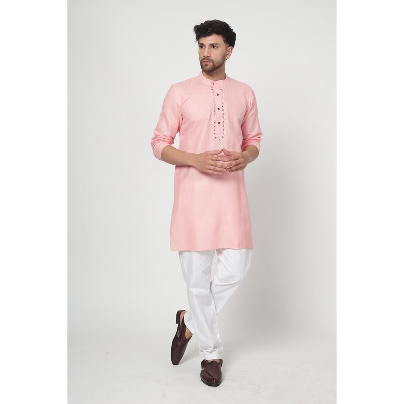 Spring Soul Men's Pink Band Collar Kurta (S)