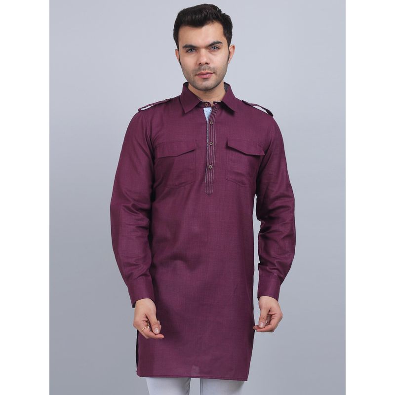 Spring Soul Purple Cotton Pathani Full-Sleeves Shirt Collar Kurta In Comfort Fit (S)