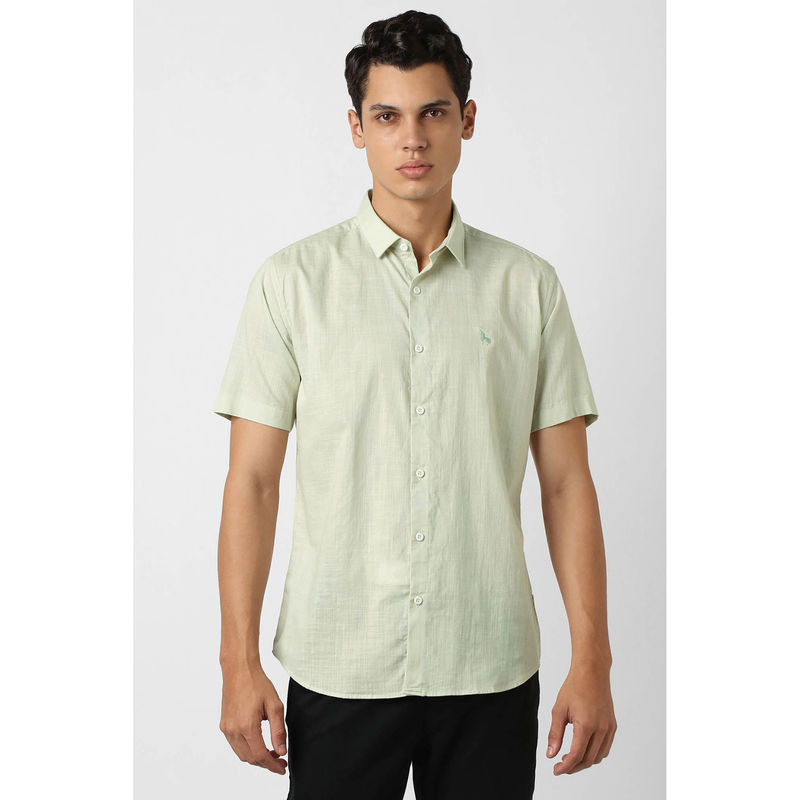 Van Heusen Men Green Textured Half Sleeves Party Casual Shirt (38)