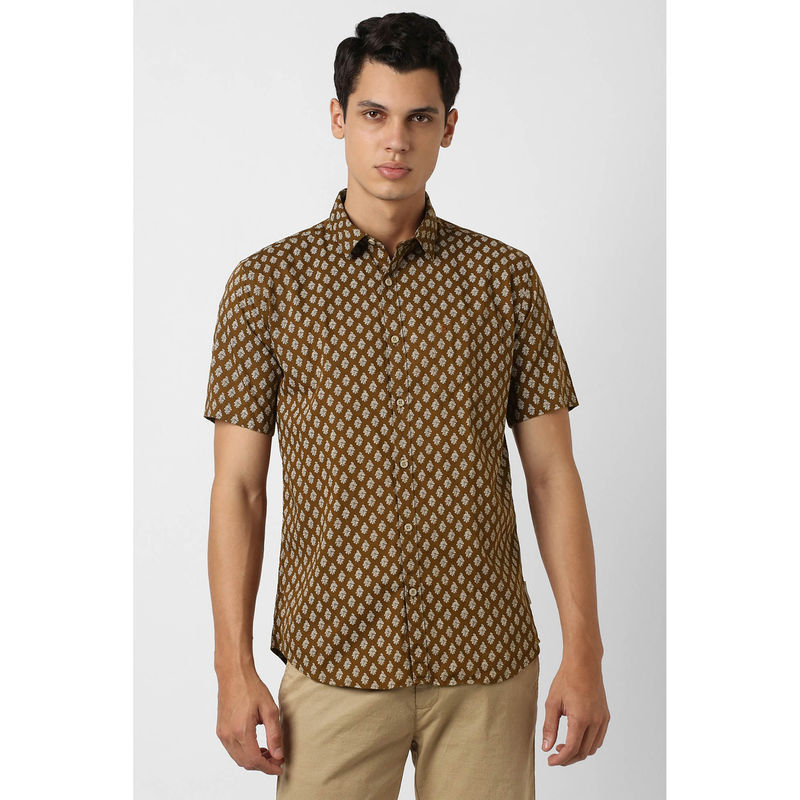 Van Heusen Men Brown Print Half Sleeves Party Casual Shirt (44)