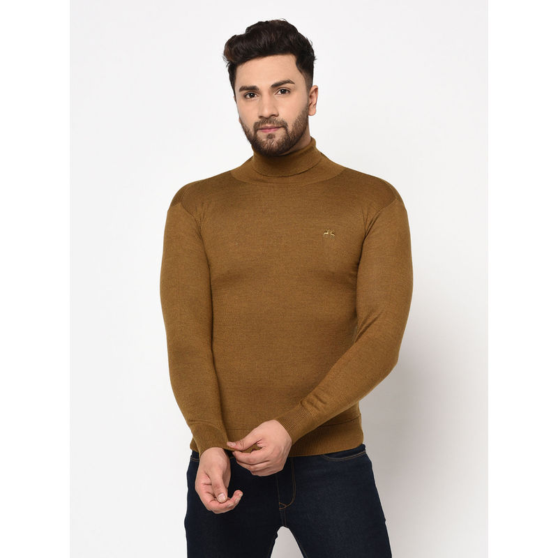 98 Degree North Khaki Solid High Neck Full Sleeve Sweater (2XL)