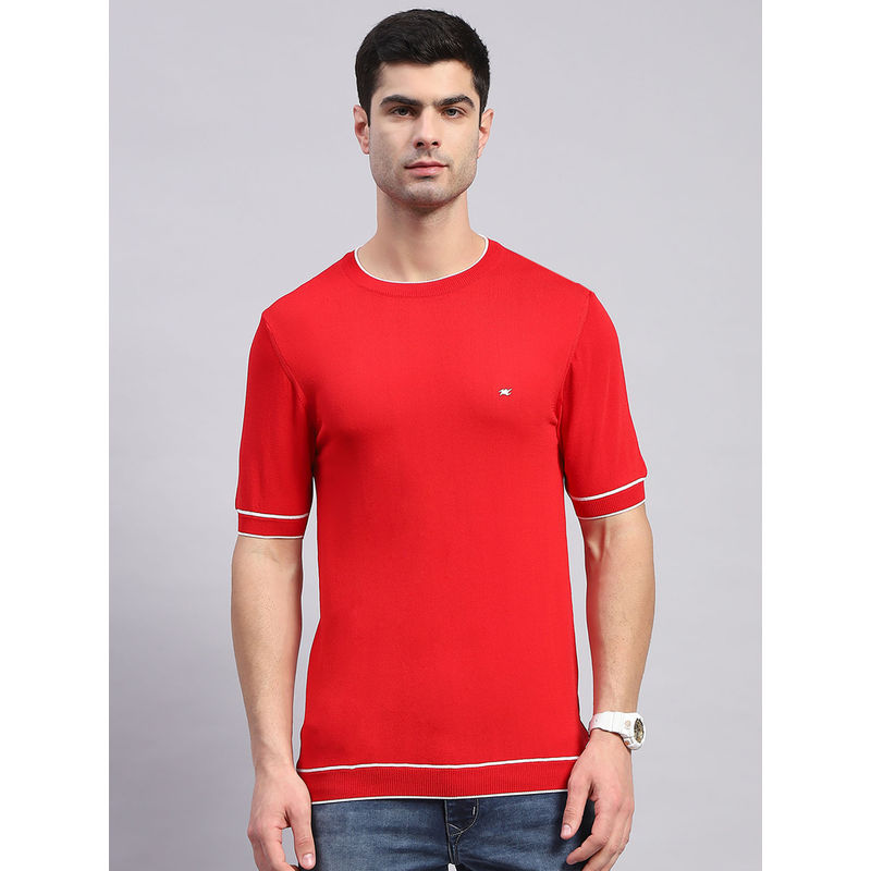 Monte Carlo Mens Red Solid Round Neck Half Sleeve Regular Fit T-Shirt (L)