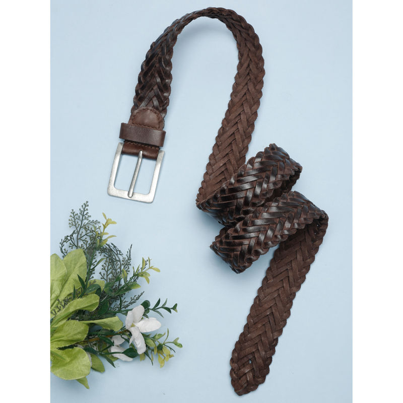 Teakwood Dark Brown Solid Genuine Leather Braided Belt - 34