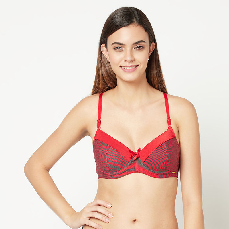 Da Intimo Women Cotton Red And Black Stripes Cotton Non Padded Bra - Red (38D)