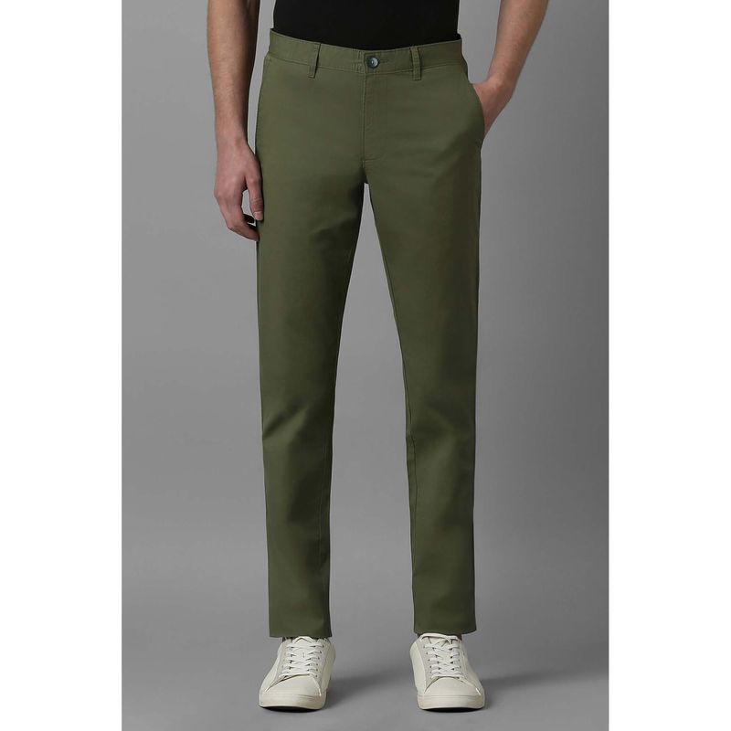Louis Philippe Men Olive Slim Tapered Fit Solid Flat Front Trousers (30)