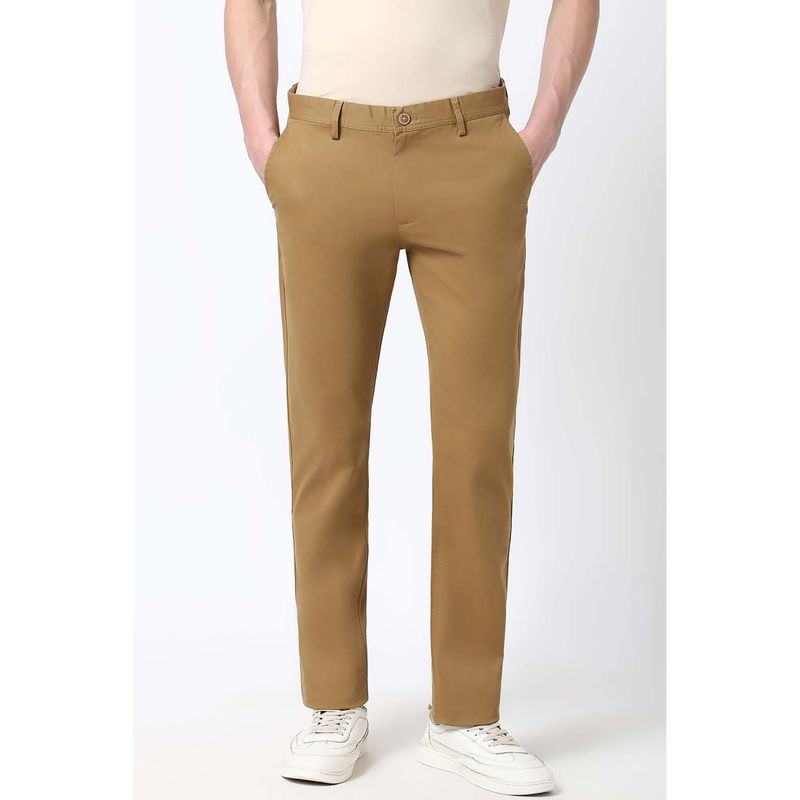 Peter England Men Khaki Solid Slim Fit Trousers (32)