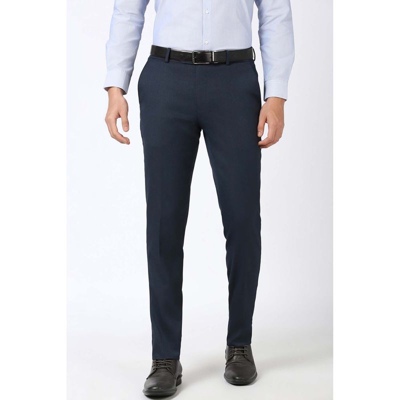 Peter England Men Navy Textured Slim Fit Trousers (30)