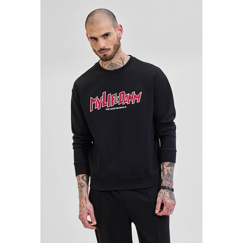 Snitch Black Printed Relaxed Fit Sweatshirt (L)